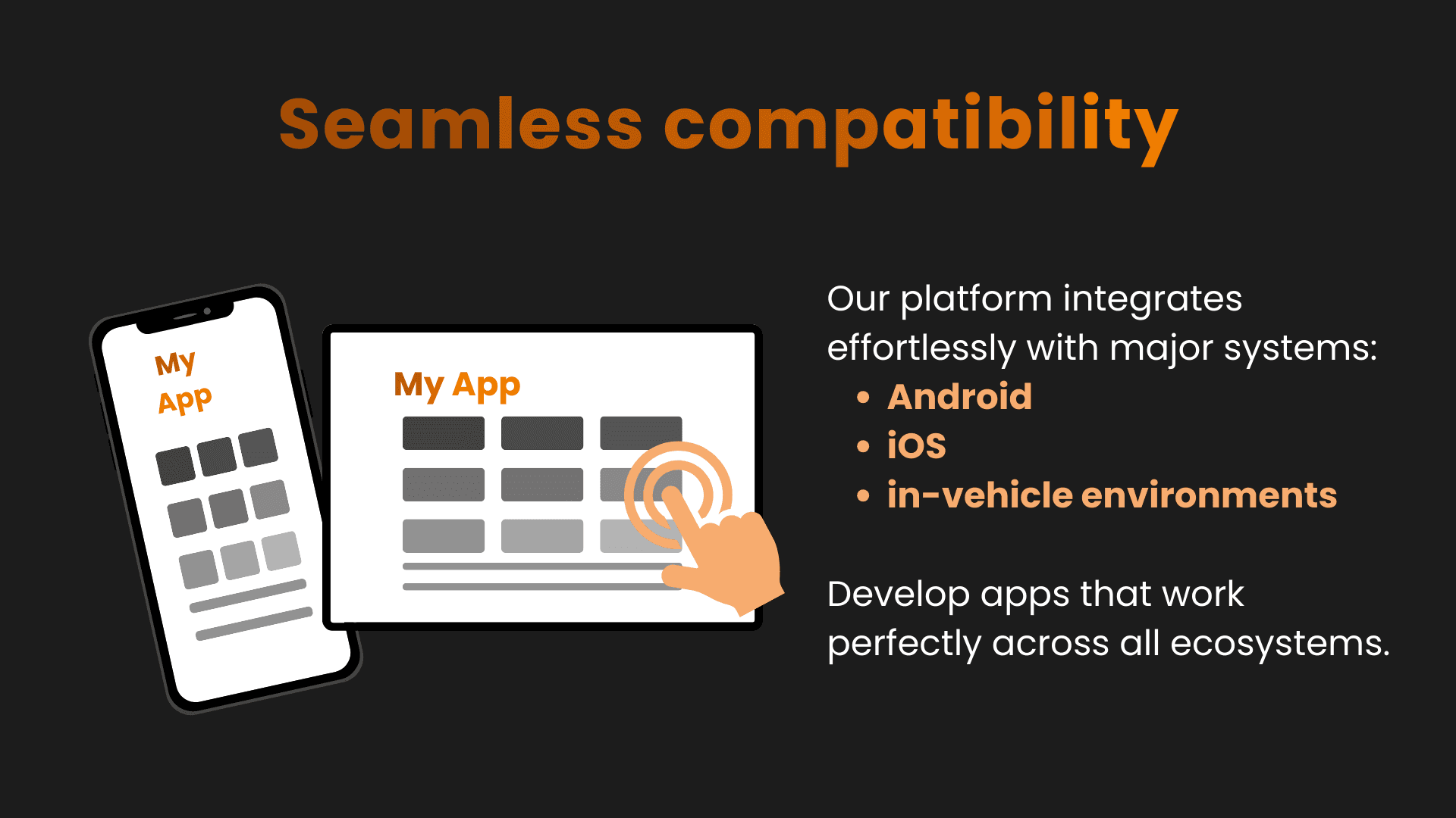 Cezigue platform integrates effortlessly with major systems: Android iOS in-vehicle environments  Develop apps that work perfectly across all ecosystems. Seamless compatibility