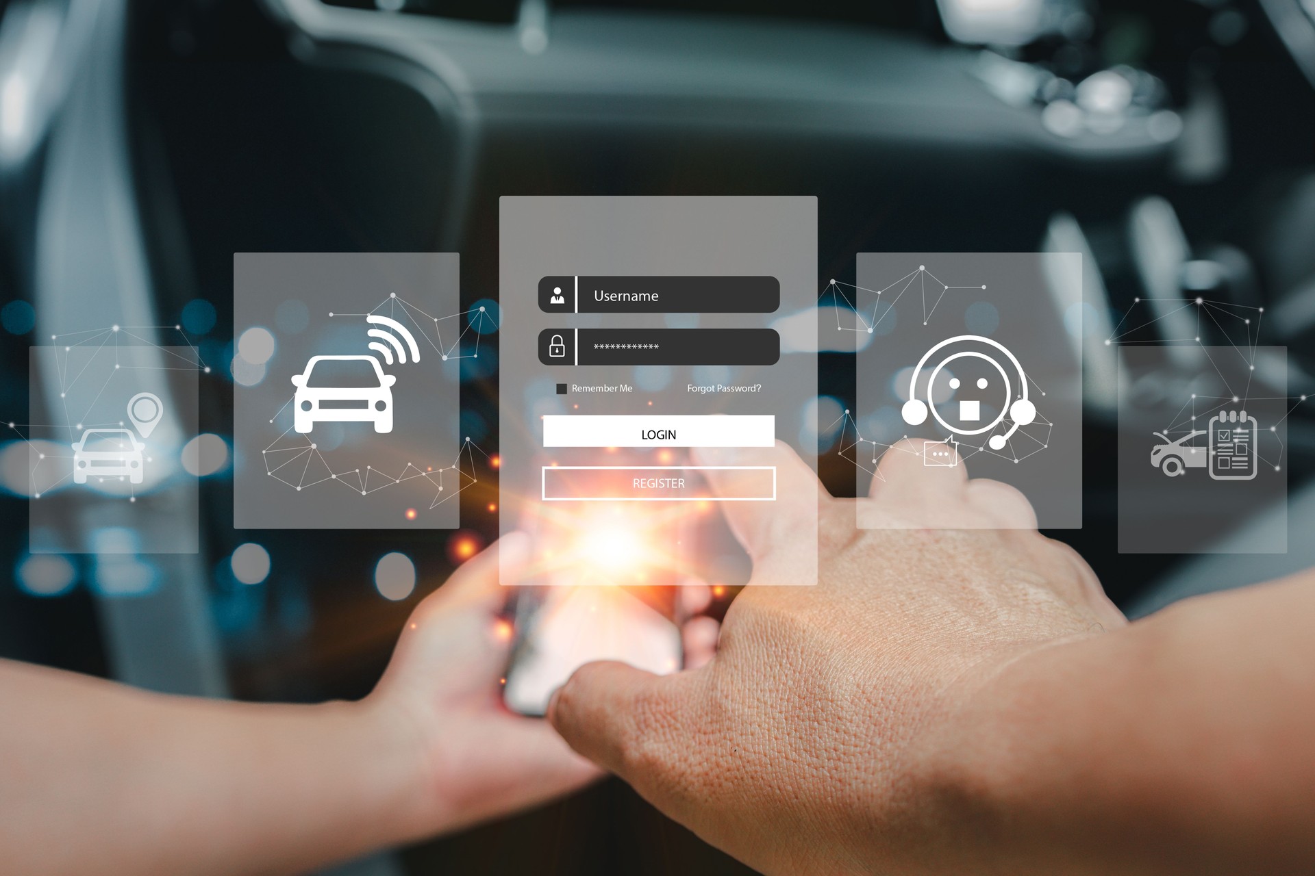 Service de voiture et entreprise sur le concept d’écran virtuel, Hand a man use smartphone et connectez-vous au système de sécurité de la voiture, en ligne trouver un système de voiture avec la technologie de suivi de véhicule en temps réel